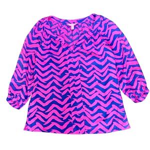 Lilly Pulitzer Elsa Silk Blouse Pink Navy Blue Abstract Chevron Top Womens XS